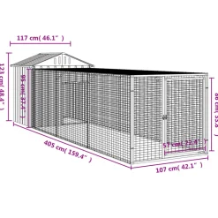 HELLOSHOP26 - Poulailler enclos cage poules avec cour clair 117 x 405 x 123 cm acier galvanisé gris