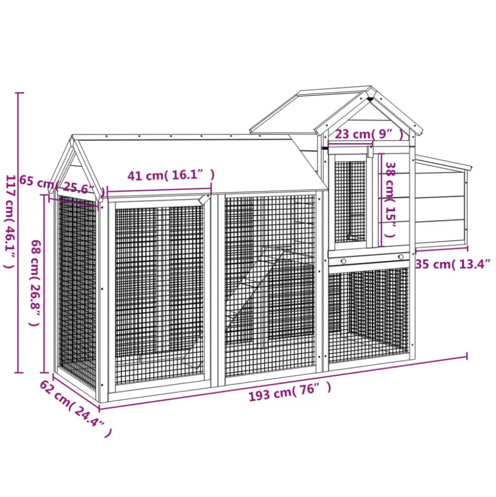 HELLOSHOP26 - Poulailler enclos cage poules 193 x 65 x 117 cm bois massif de pin marron