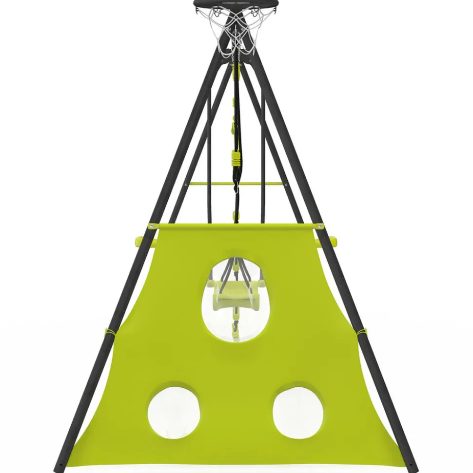 IDMARKET - Balançoire 4 agrès portique avec balançoire face à face trapèze échelle panier de basket et buts de foot