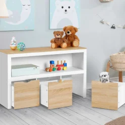 IDMARKET - Meuble de rangement enfant mana en bois blanc et hêtre 3 tiroirs cubes sur roulettes