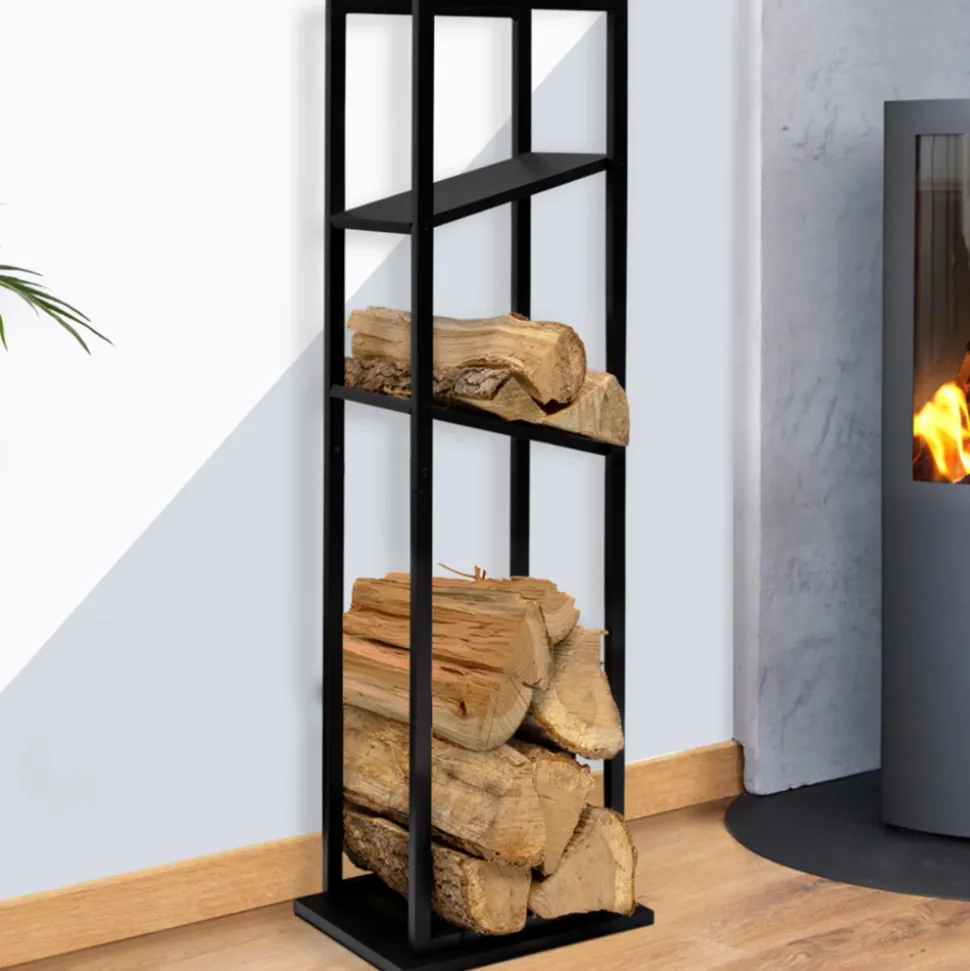 IDMARKET - Range bûches vertical acier noir avec 2 étagères h.112 cm pour cheminée
