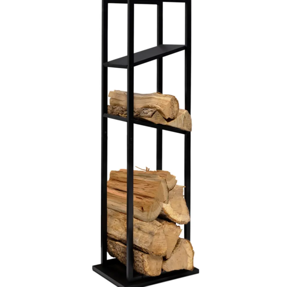 IDMARKET - Range bûches vertical acier noir avec 2 étagères h.112 cm pour cheminée