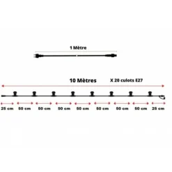 ILLUPRO - Guirlande guinguette extérieur 10m 20 ampoules led blanc chaud e27 1w câble noir extensible
