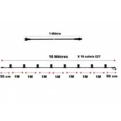 ILLUPRO - Guirlande guinguette 10m et 10 ampoules led e27 blanc chaud câble noir extensible