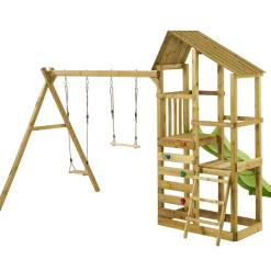 KANGUI - Tour de jeux en bois woupi balançoire, trapèze, toboggan, mur escalade, cabane