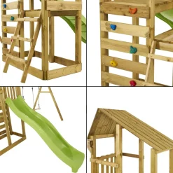 KANGUI - Tour de jeux en bois woupi balançoire, trapèze, toboggan, mur escalade, cabane