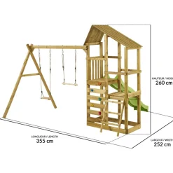 KANGUI - Tour de jeux en bois woupi balançoire, trapèze, toboggan, mur escalade, cabane