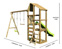 KANGUI - Tour de jeux en bois woupi balançoire, trapèze, toboggan, mur escalade, cabane