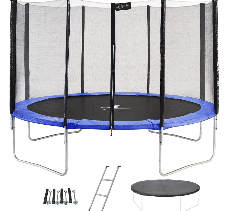 KANGUI - Trampoline rond bleu ø430cm avec filet, échelle, bâche et kit ancrage