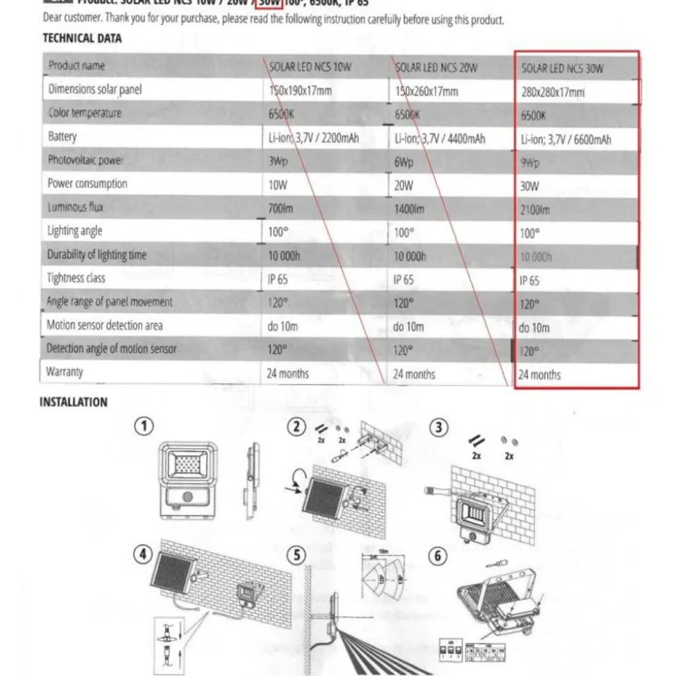 KOBI - Projecteur solaire 30w 2100 lumens professionnel détecteur de mouvement led blanc froid 6500k extérieur