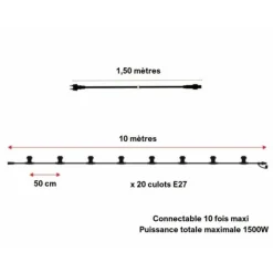 LEDMAXX - Guirlande guinguette extérieur ip65 10m 20 douilles e27 câble plat noir connectable professionnelle
