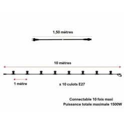 LEDMAXX - Guirlande guinguette 10m 10 douilles e27 ip65 extérieur connectable câble plat noir professionnelle