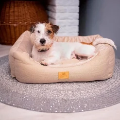 Lit chiens et chats couchage chester 60, avec coussin double-face, tweed et velours, lavable, beige