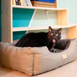 Lit chiens et chats couchage chester 60, avec coussin double-face, tweed et velours, lavable, beige