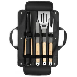 LIVOO - Set de 4 accessoires pour barbecue - fourchette, pince, spatule, couteau + pochette - acier inox, finition bois gs75