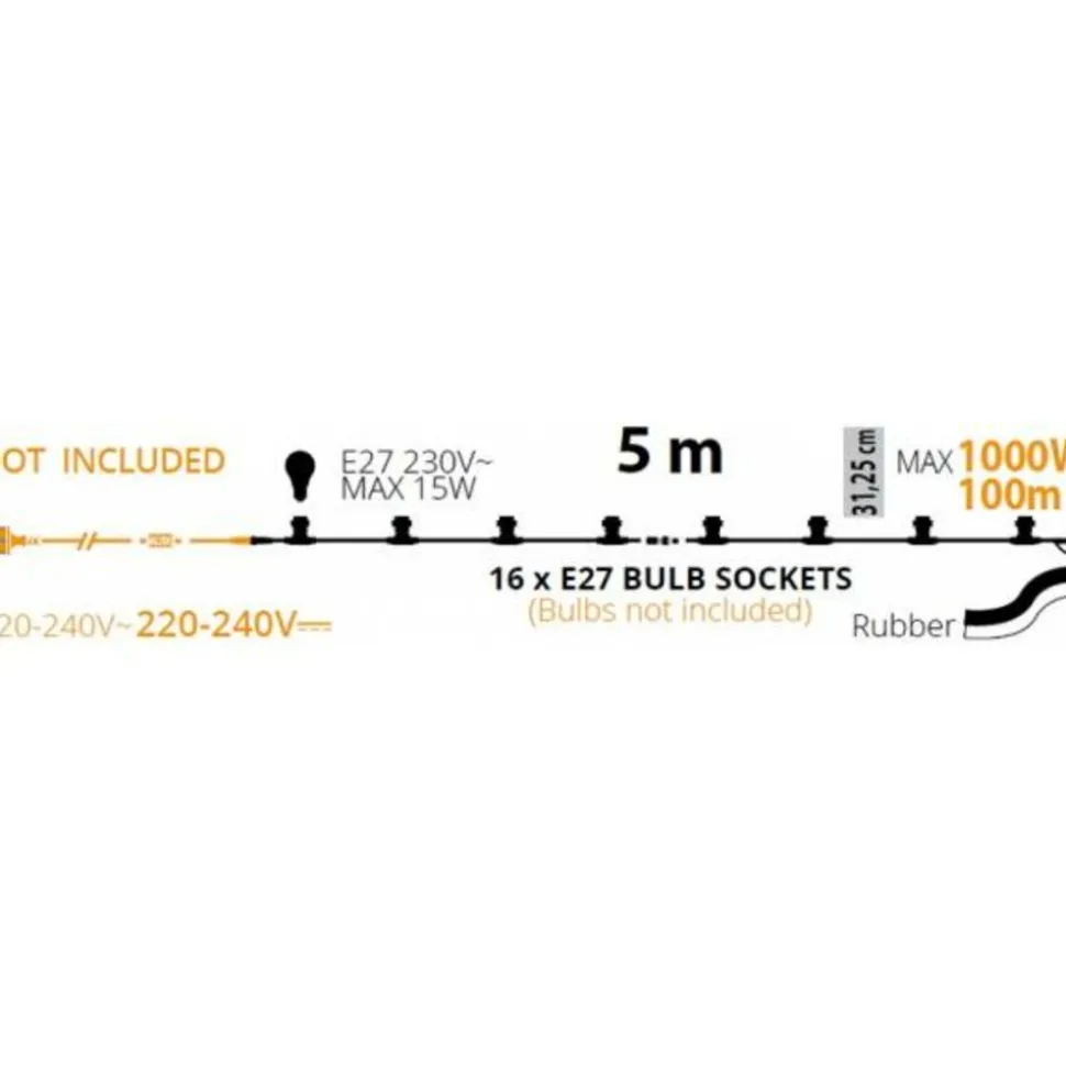 LOTTI - Guirlande guinguette câble blanc 5m 16 douilles e27 connectable 230v luxa professionnelle lotti