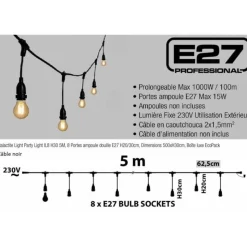 LOTTI - Guirlande guinguette stalactite 5m hauteur 30cm 8 douilles e27 cable noir luxa 230v ip44 lotti