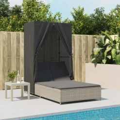 MAISON EXCLUSIVE - Chaise longue double avec toit et rideaux gris clair poly rotin