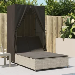 MAISON EXCLUSIVE - Chaise longue double avec toit et rideaux gris clair poly rotin