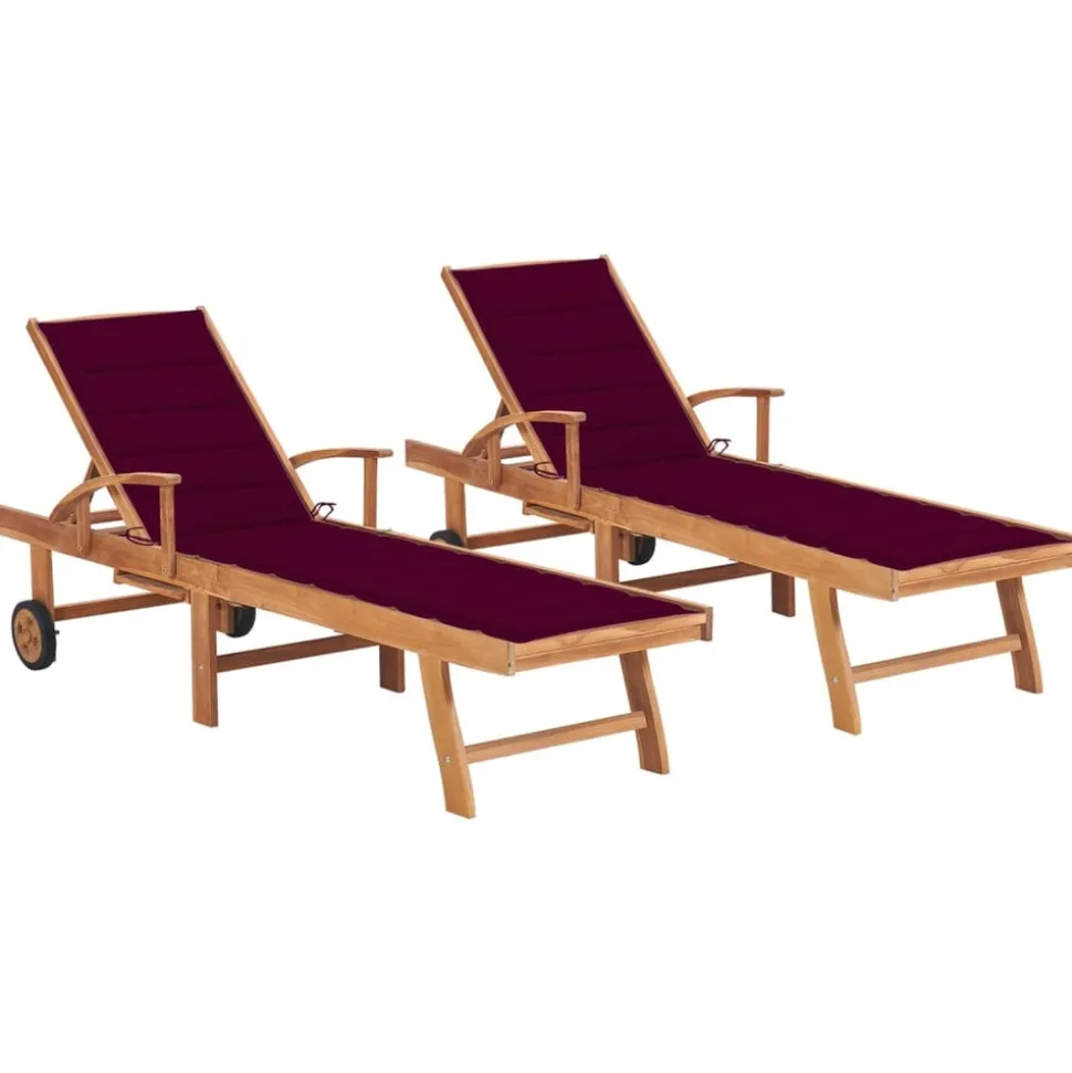 MAISON EXCLUSIVE - Chaises longues lot de 2 et coussin rouge bordeaux teck solide
