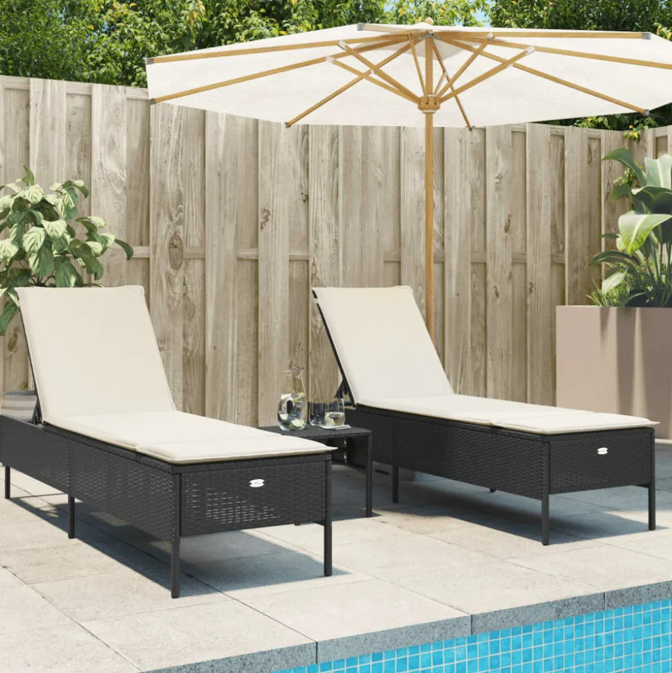 MAISON EXCLUSIVE - Chaises longues avec coussins lot de 2 noir résine tressée
