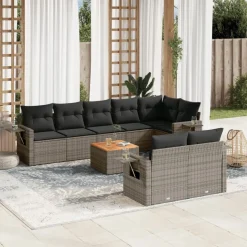 MAISON EXCLUSIVE - Salon de jardin 9 pcs avec coussins gris résine tressée