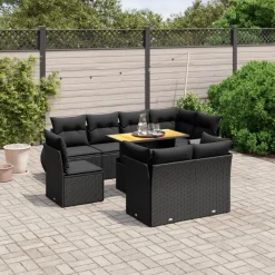 MAISON EXCLUSIVE - Salon de jardin 9 pcs avec coussins noir résine tressée
