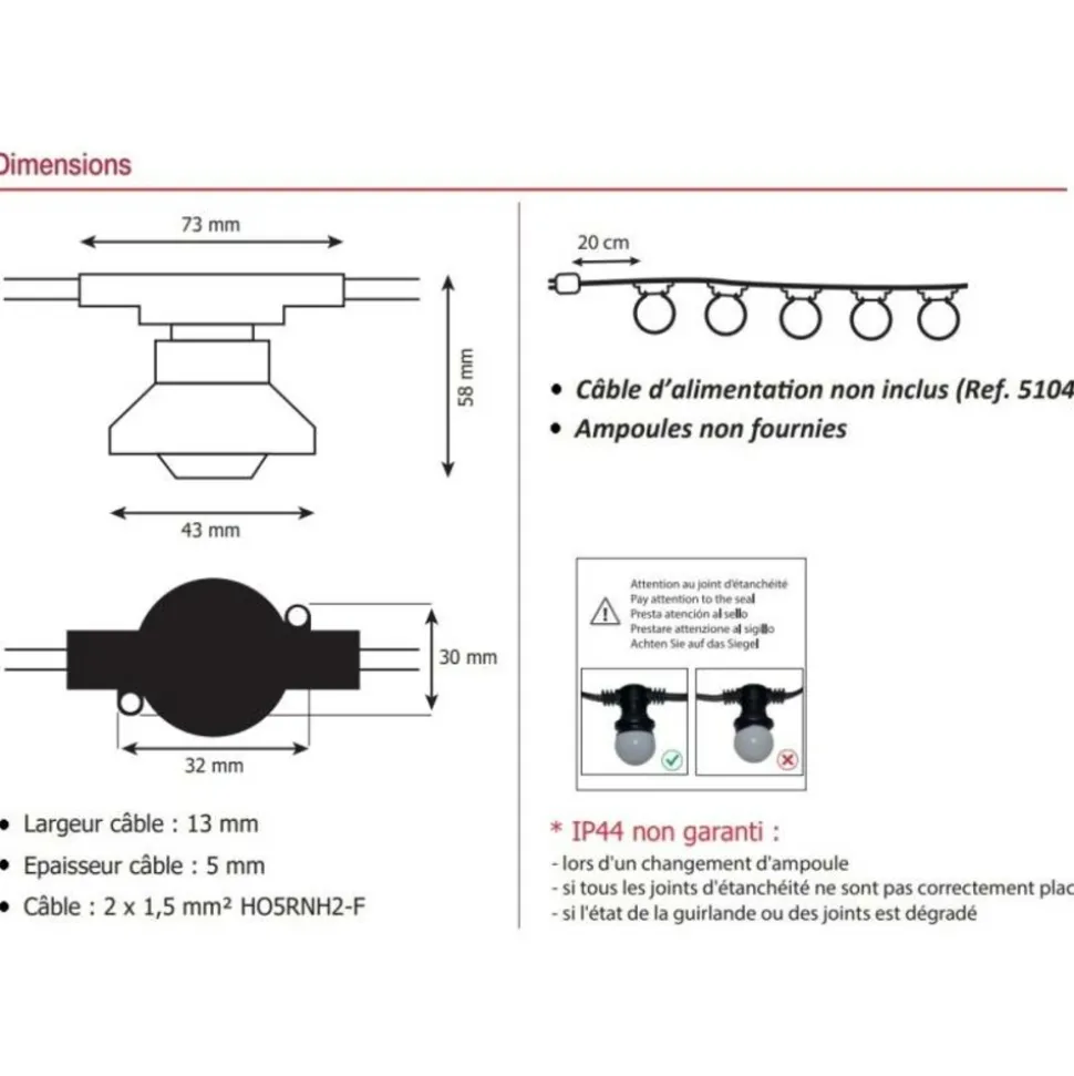 MIIDEX - Guirlande guinguette 10 culots b22 10m extérieur connectable câble plat noir miidex