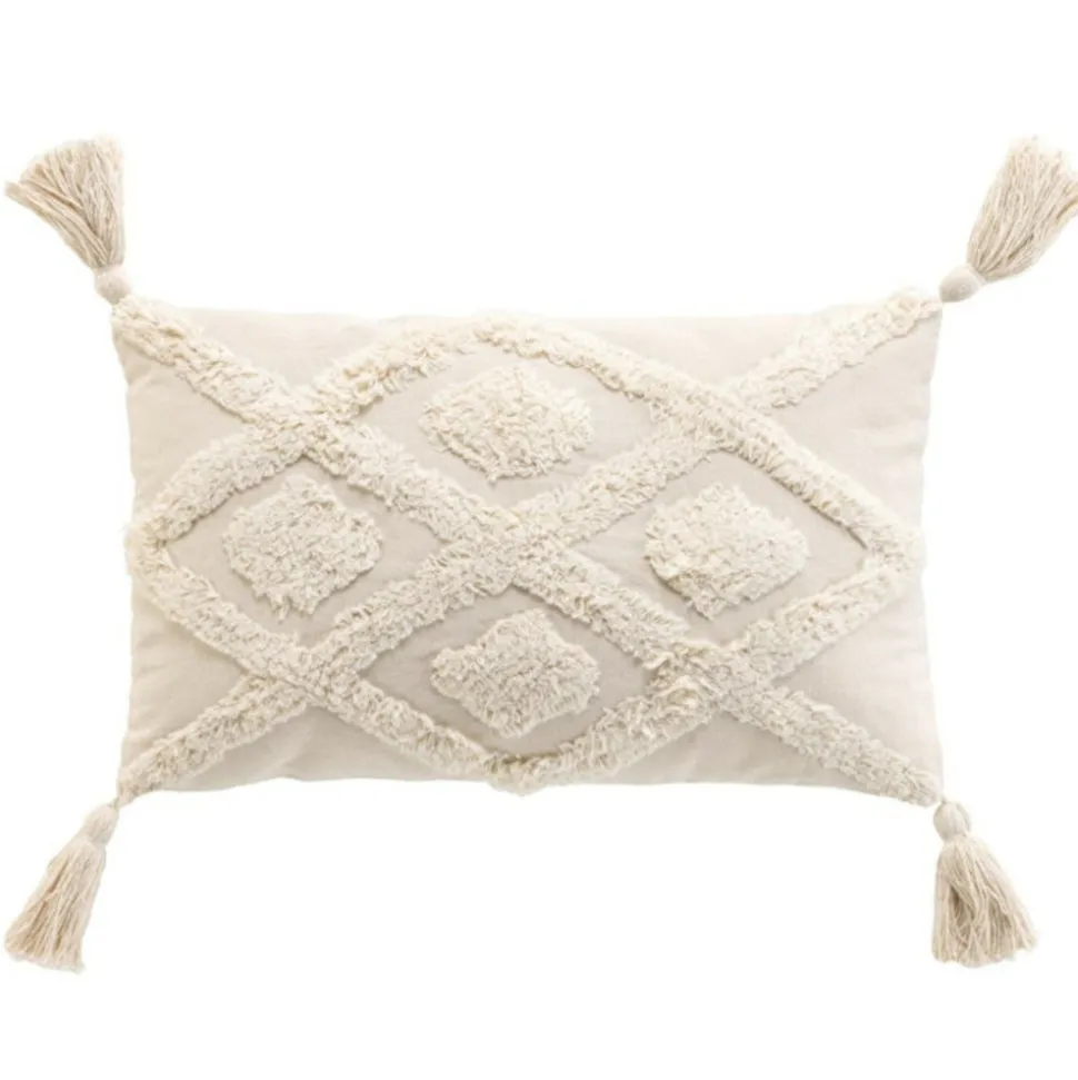 PARIS PRIX - Coussin déco tufté à pompons "inca" 30x50cm beige