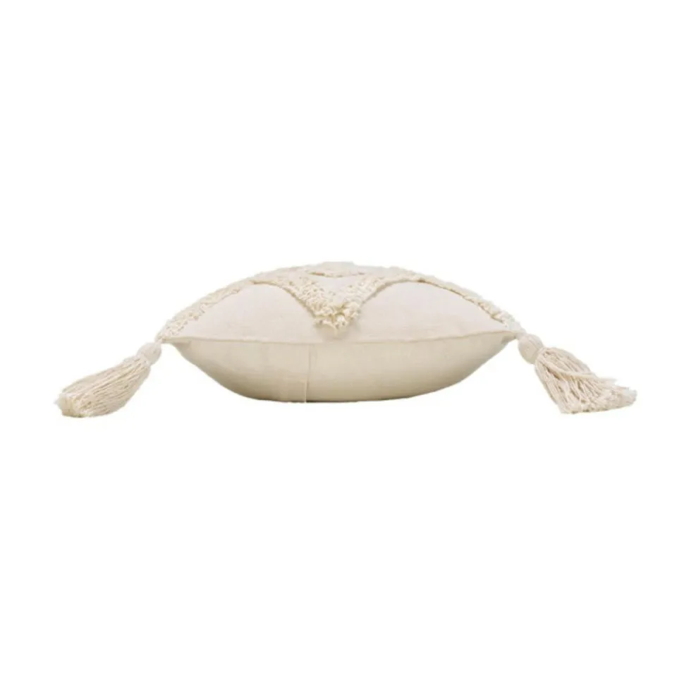 PARIS PRIX - Coussin déco tufté à pompons "inca" 30x50cm beige