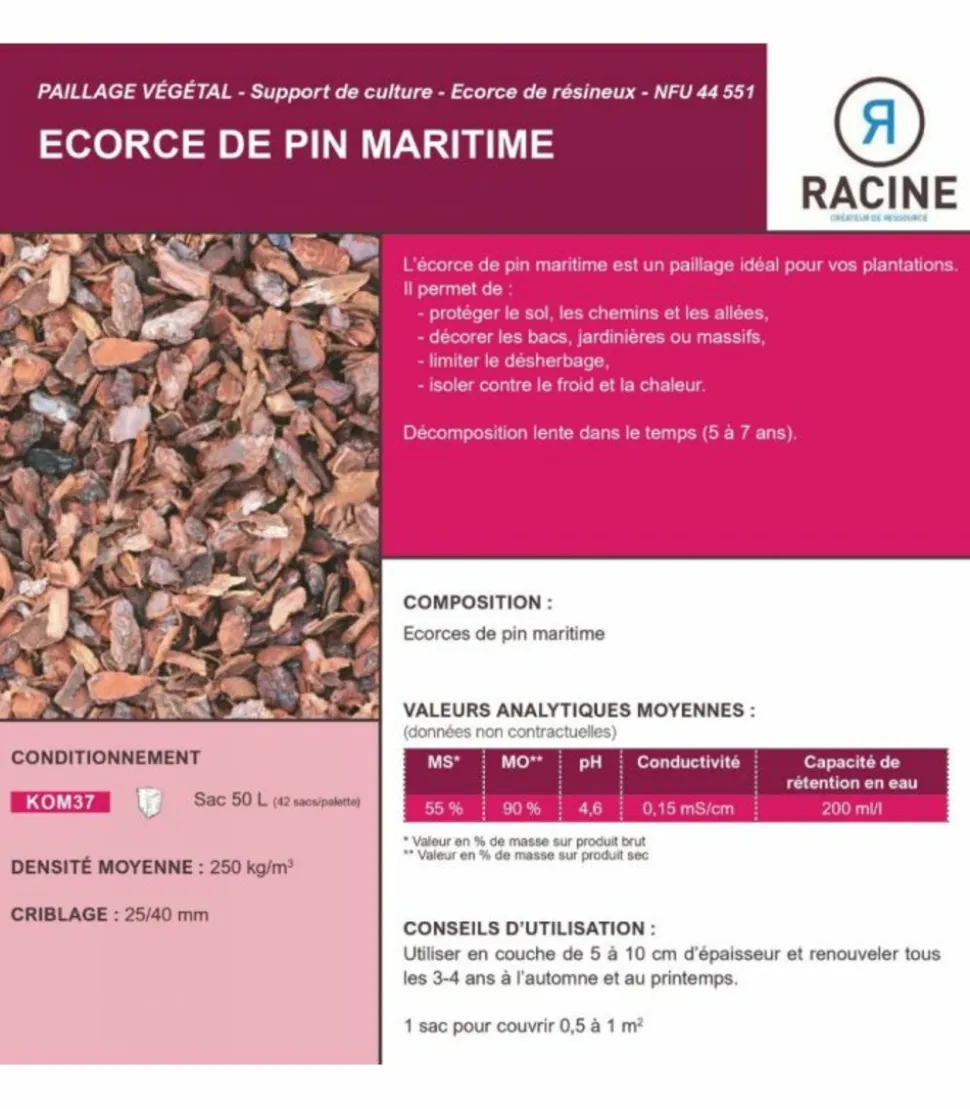 RACINE - Paillage végétal biodégradable écorces de pin maritime, sac 50 l - kom37