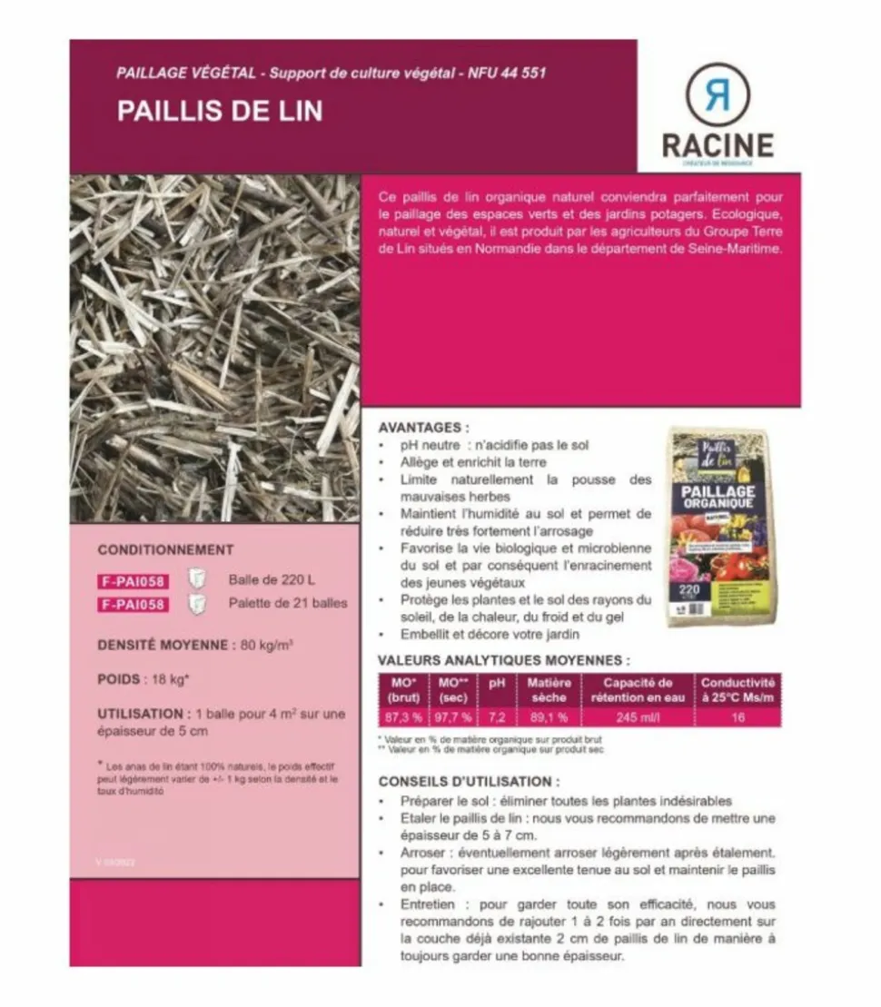 RACINE - Paillis de lin, organique et naturelle pour jardins potagers, 21 balles de 220l - f-pai058-21x220