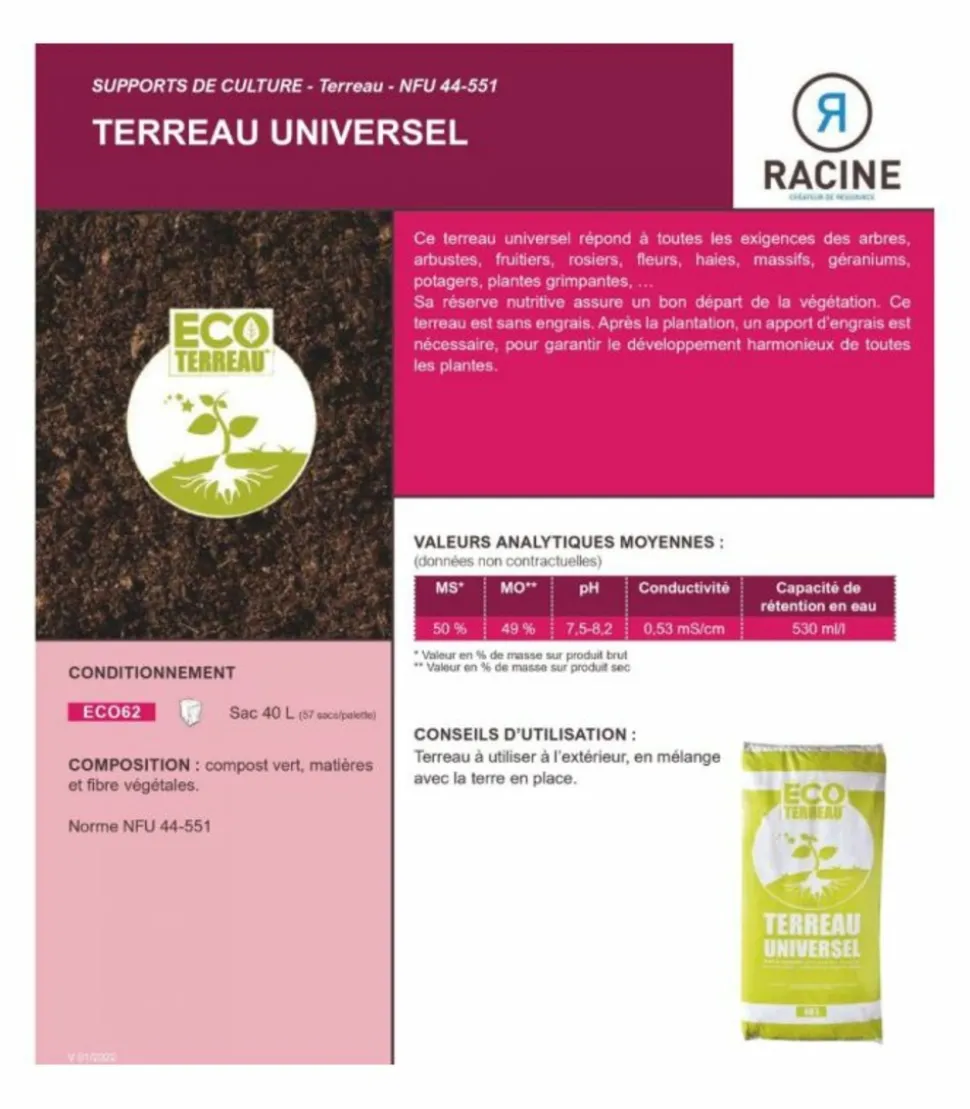 RACINE - Terreau économique universel 100% naturel 30 sacs de 40 litres pour fleurs arbustes