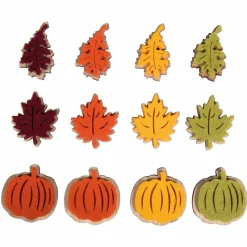 RAYHER - 12 mini citrouilles et feuilles en bois adhésives - 3 types et 4 couleurs - 3,7 cm