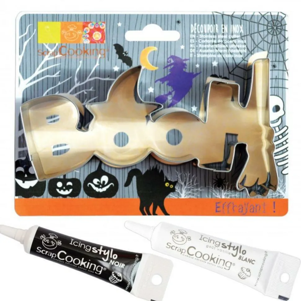 SCRAPCOOKING - Découpoir à biscuits en inox booh halloween + stylos alimentaires noir et blanc