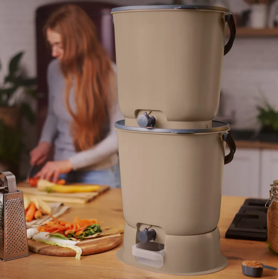 SKAZA - Lot de 2 composteurs bokashi essential 15,3l+1kg de brain+1 base-capuccino