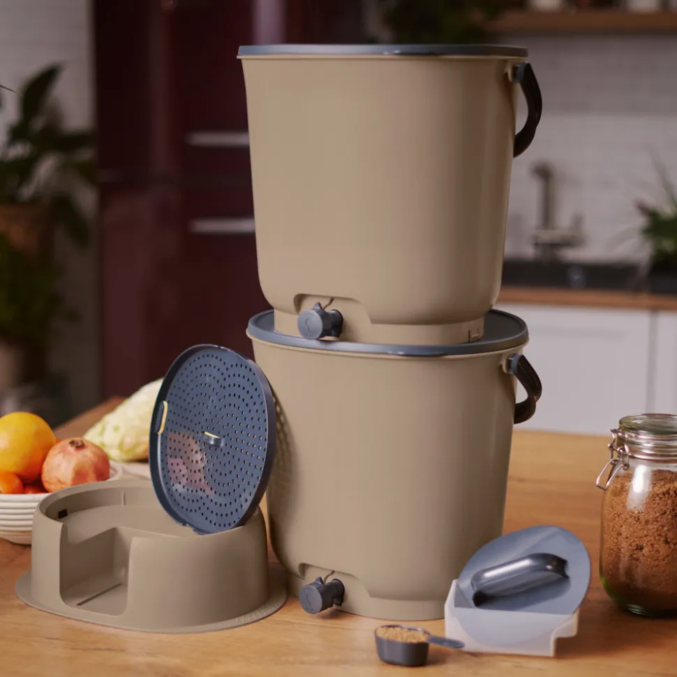 SKAZA - Lot de 2 composteurs bokashi essential 15,3l+1kg de brain+1 base-capuccino