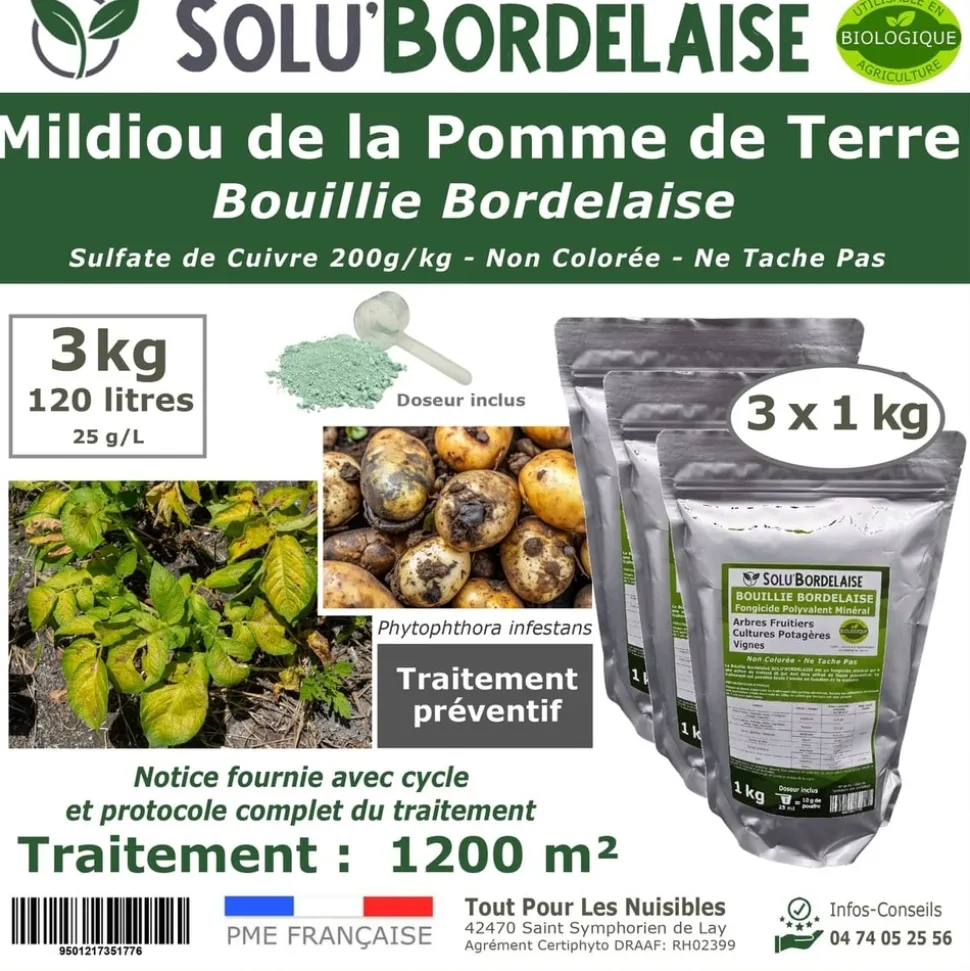 TOUT POUR LES NUISIBLES - Solu'bordelaise - 3 kg de bouillie bordelaise - mildiou de la pomme de terre - utilisable agriculture biologique - 3 sachets de 1kg