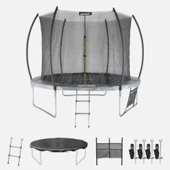 Trampoline ø 305cm - mars inner xxl- trampoline de jardin gris avec filet de protection intérieur. Échelle. Bâche. Filet pour