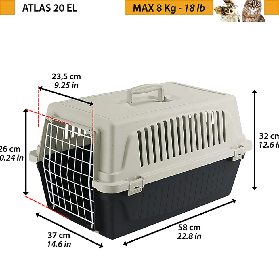 Transport rigide pour chiens de petite taille et chats atlas 20 el, porte an acier plastifié, grilles pour l'aération