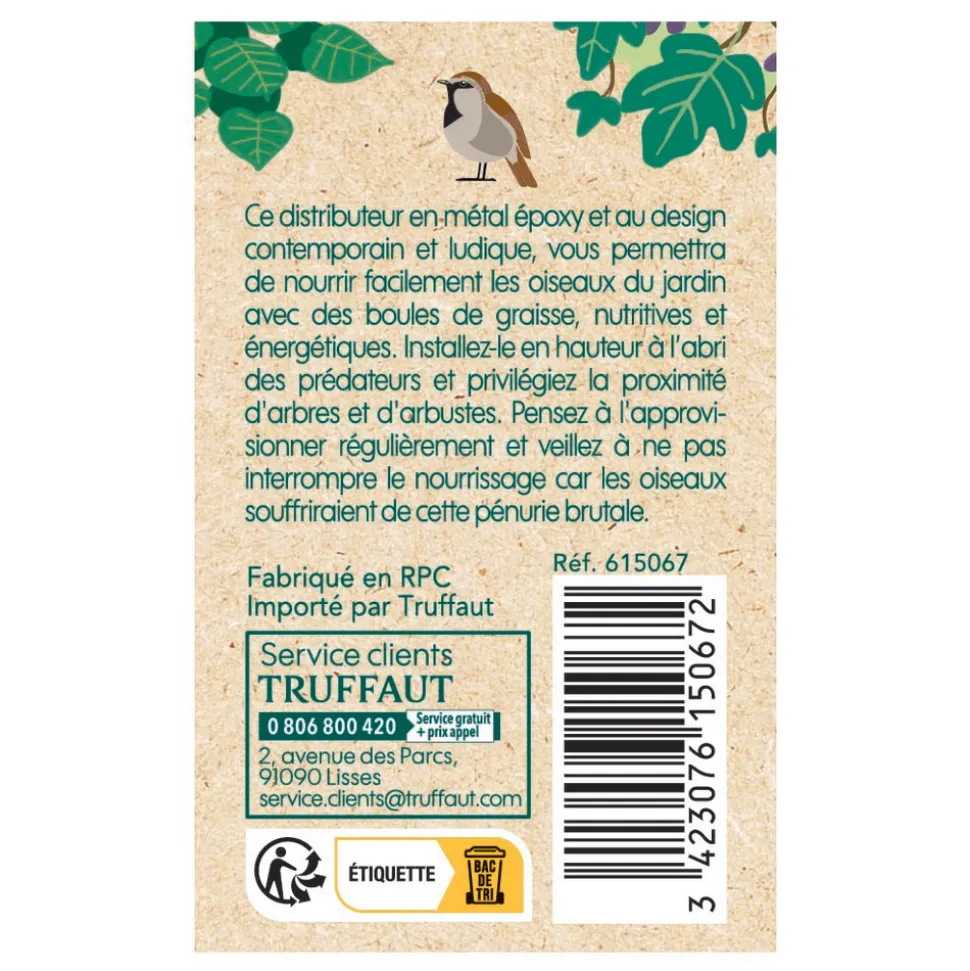 TRUFFAUT BIODIVERSITÉ - Distributeur de boules de graisse Slow en métal pour oiseaux