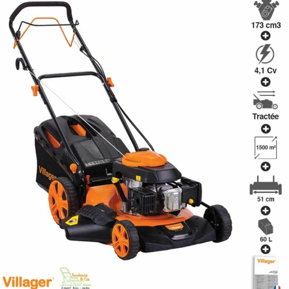 VILLAGER - Tondeuse thermique autotractée moteur puissant 173cm3 4,1 cv coupe 50cm mulching villager atlas 5111t