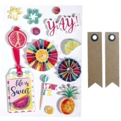 YOUDOIT - 13 stickers 3d summer party + 20 étiquettes kraft fanion