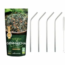 YOUDOIT - Thé vert bio japonais genmaicha 100 g + 4 pailles en inox